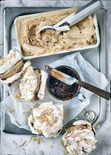 Cocoa & almond meringues with fudge sauce & coffee ice cream