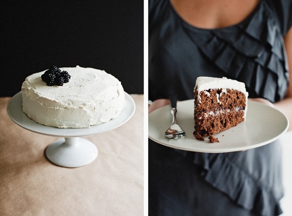 Cocoa layer cake with blackberries + mascarpone cream
