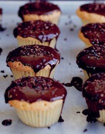 Cocoa nib muffins with dark chocolate glaze