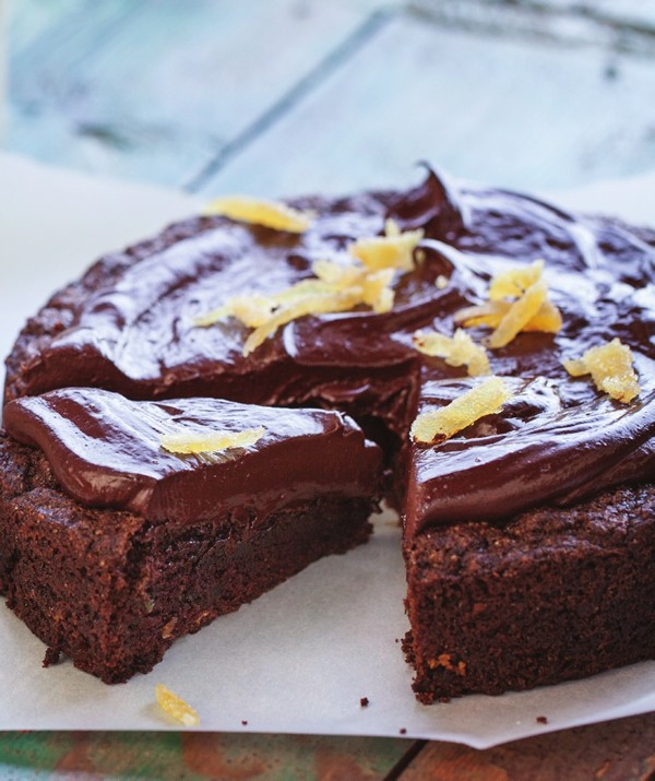 Cocoa-spice cake with crystallized ginger and coconut-chocolate ganache