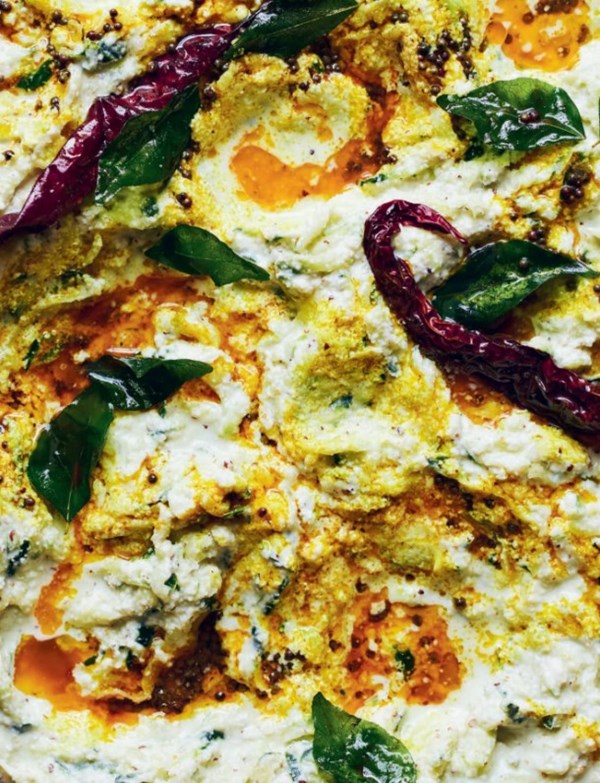 Coconut & cucumber yoghurt with chilli, mustard seeds & curry leaves (Cucumber pachadi)