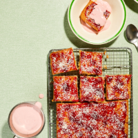 Coconut & raspberry traybake with pink custard