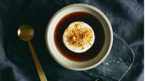 Coconut affogato with salted hazelnut praline