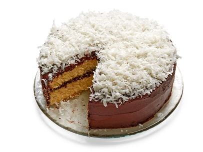 Coconut-almond layer cake with chocolate frosting