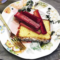 Coconut and almond cake with rhubarb compote