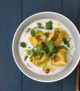 Coconut and kaffir lime broth with crab wonton
