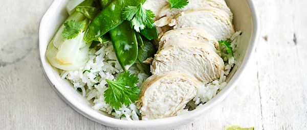 Coconut and lemongrass poached chicken with lime rice