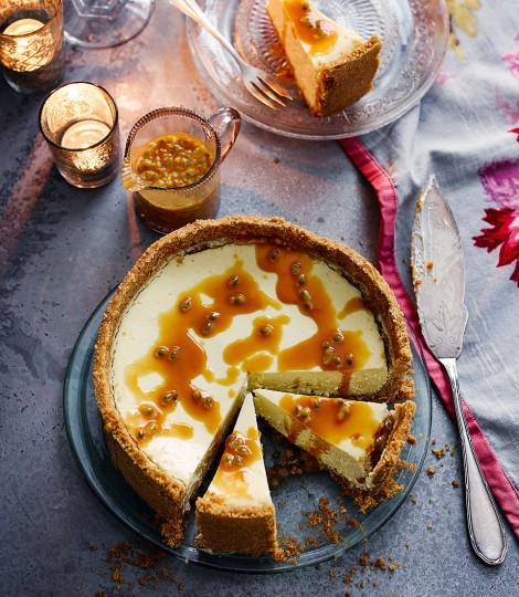 Coconut and lime cheesecake with passion fruit caramel