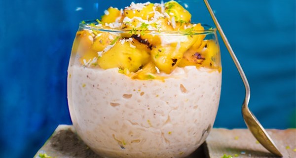 Coconut and lime rice pudding with grilled pineapple