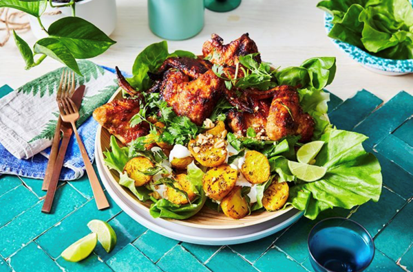 Coconut and mango chicken wings with potato salad