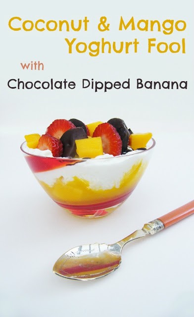 Coconut and mango yoghurt fool with chocolate dipped banana