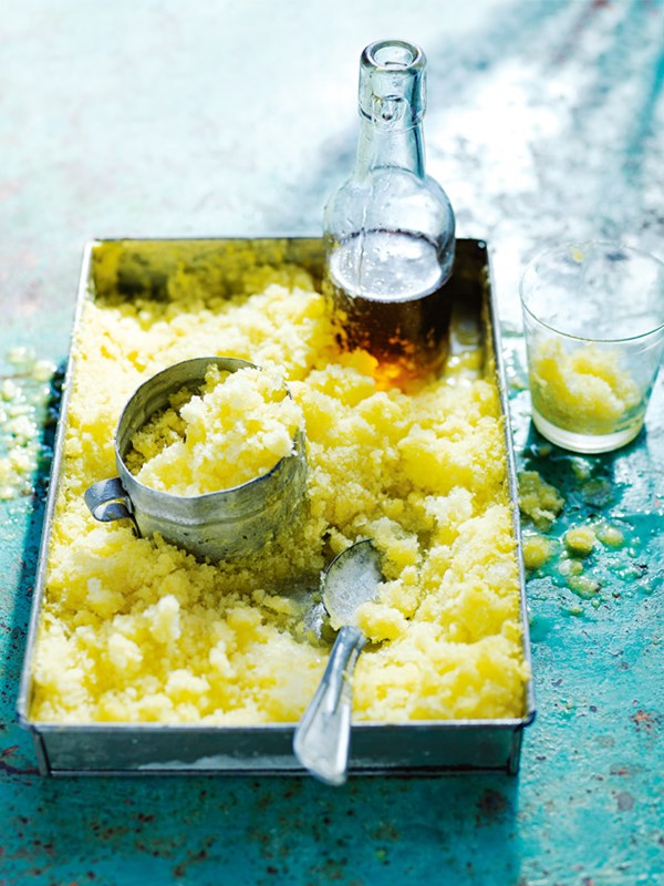 Coconut and pineapple snow with pine-maple syrup
