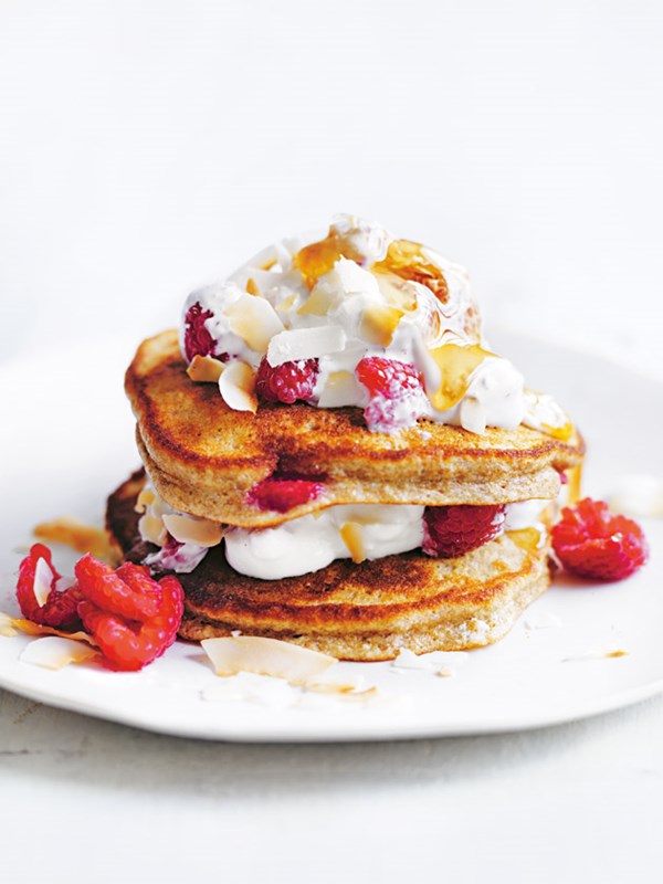 Coconut and raspberry rye pancakes