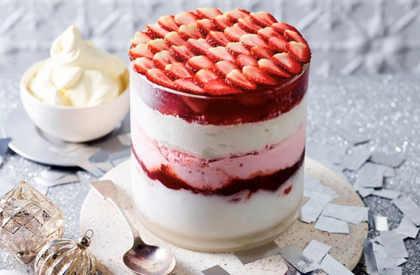 Coconut and strawberry ice cream trifle with gin jelly