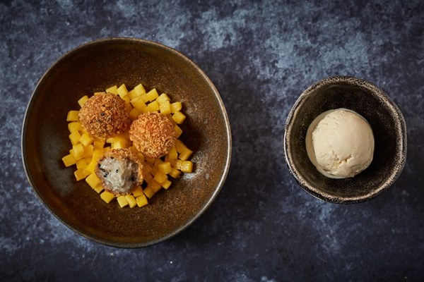 Coconut and yoghurt arancini with yoghurt sorbet 