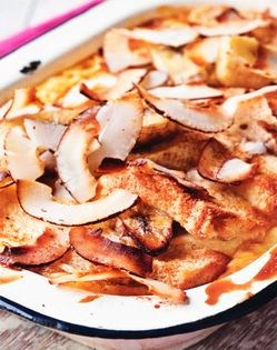 Coconut, banana and chocolate bread pudding
