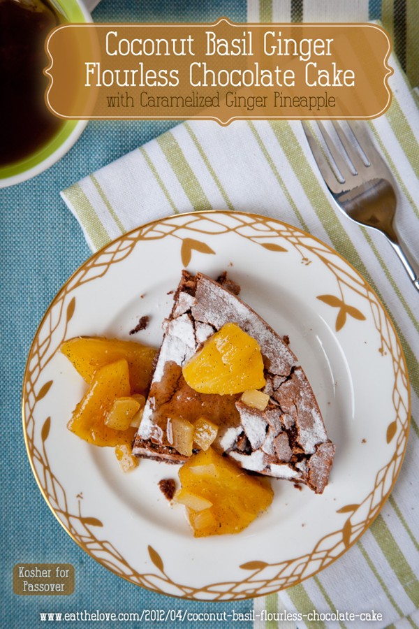 Coconut basil ginger flourless chocolate cake with caramelized ginger