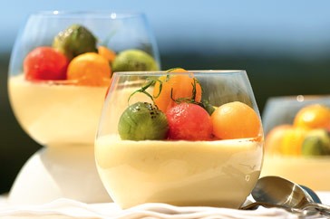 Coconut bavarois with kaffir lime fruit salad
