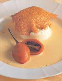 Coconut Bavarois with poached tamarillos