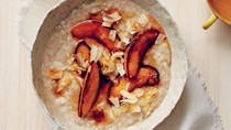 Coconut breakfast pudding with sautéed nectarines