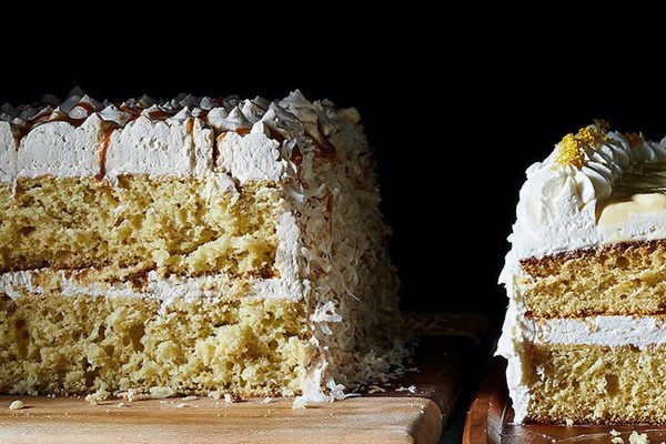 Coconut caramel sheet cake layer cake