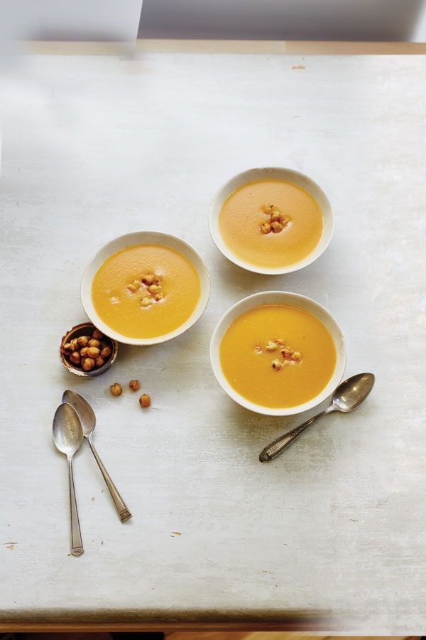 Coconut carrot soup with crispy chickpeas