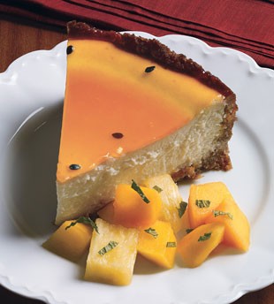 Coconut cheesecake with passion fruit glaze