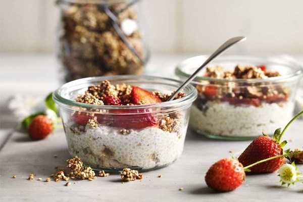 Coconut chia pudding with gluten-free spiced granola