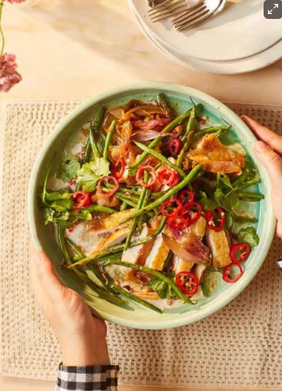 Coconut chicken & bean salad with jammy shallots