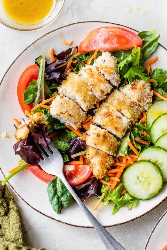 Coconut chicken salad with warm honey mustard vinaigrette
