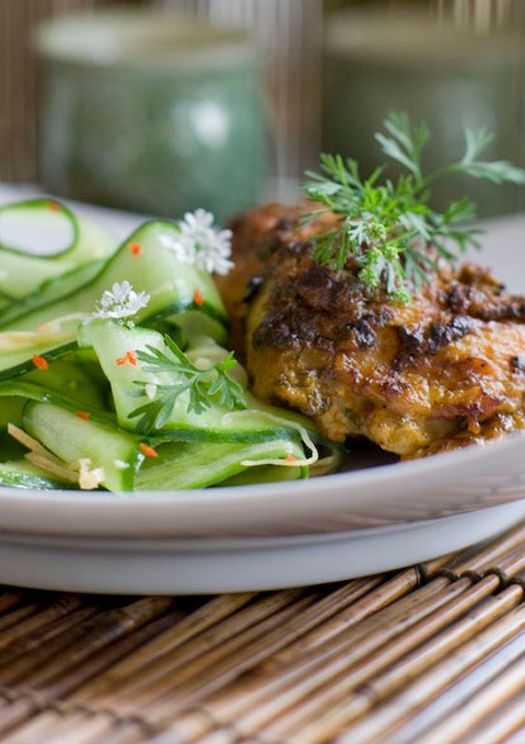 Coconut chicken with spicy cucumber ribbons