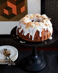 Coconut chiffon bundt cake with coconut frosting
