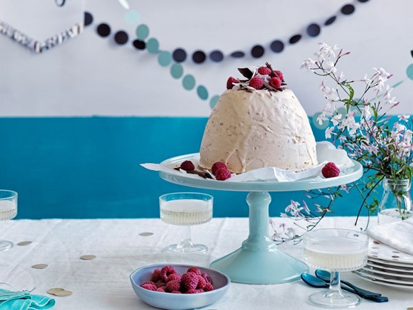 Coconut, chocolate & raspberry ice cream bombe