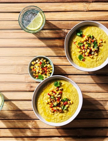 Coconut corn soup with charred sweetcorn chilli salsa