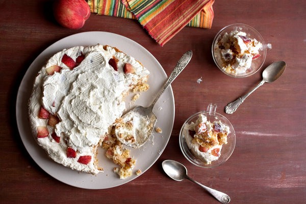 Coconut cream cake with peaches