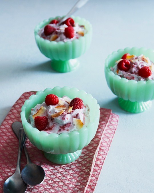 Coconut cream fool with raspberries