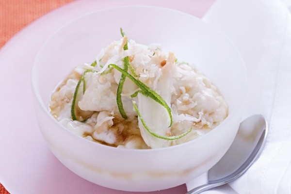 Coconut creamed rice with custard apple and lime