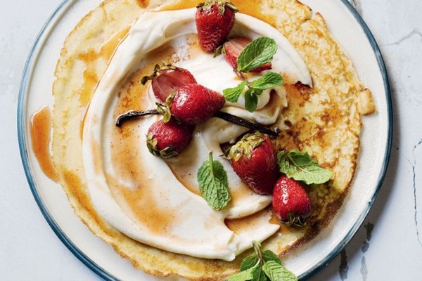 Coconut crepes with maple ricotta and strawberries