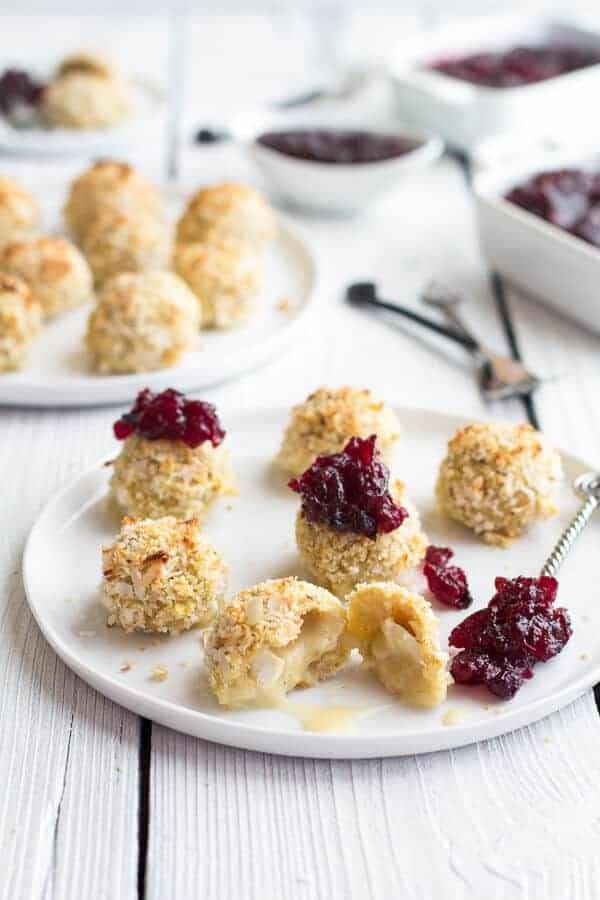 Coconut crusted Brie stuffed quinoa bites with sweet cranberries
