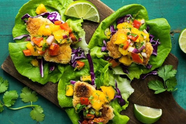 Coconut-crusted chicken lettuce wraps with mango lime salsa