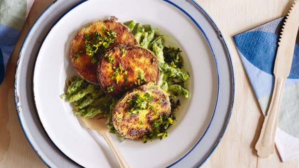Coconut crusted eggplant with green beans and avocado dressing