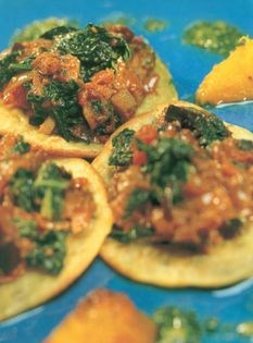 Coconut-cumin pancakes with aubergine and cabbage, coriander-lime oil and chilli-roasted squash