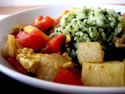 Coconut curried tofu, eggplant, and kohlrabi with green jasmine rice