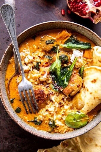Coconut curry chicken meatballs soup with rice