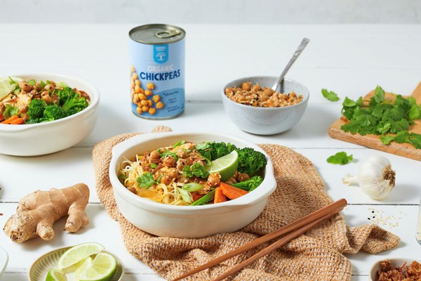 Coconut curry chicken noodle soup with spicy chickpeas