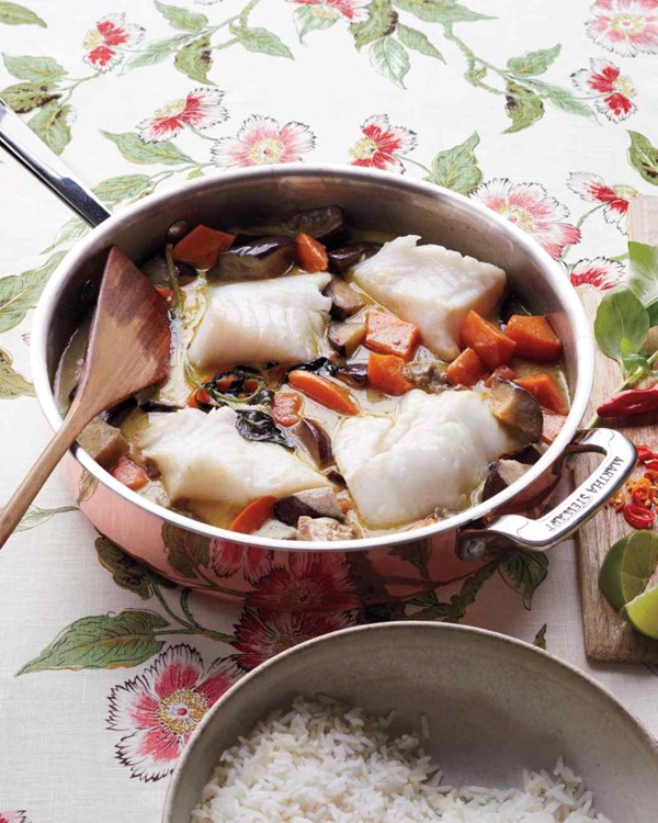 Coconut-curry fish with sweet potatoes and eggplant