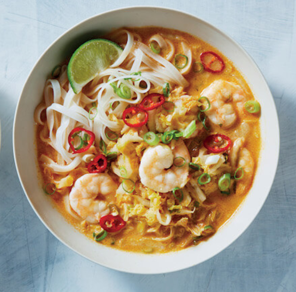 Coconut curry noodles with shrimp and napa cabbage