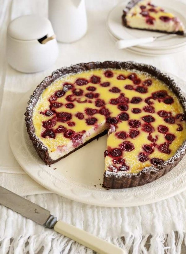 Coconut custard and raspberry tart with chocolate pastry