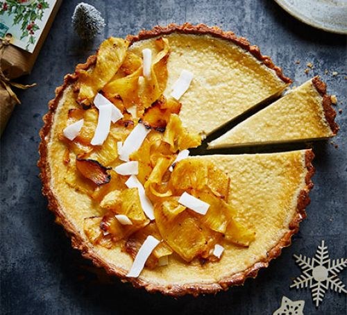 Coconut custard tart with roasted pineapple