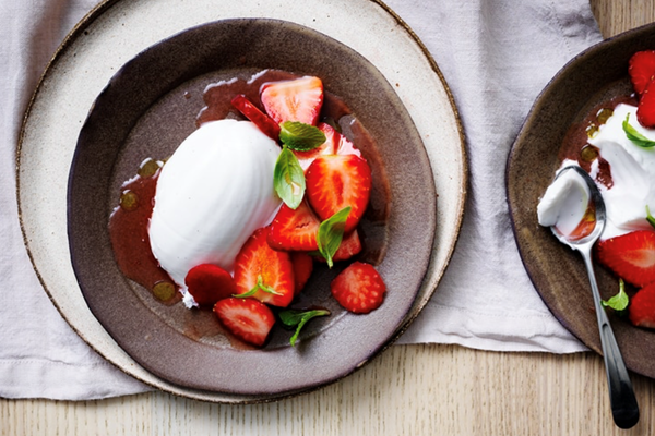 Coconut custard with winter strawberries